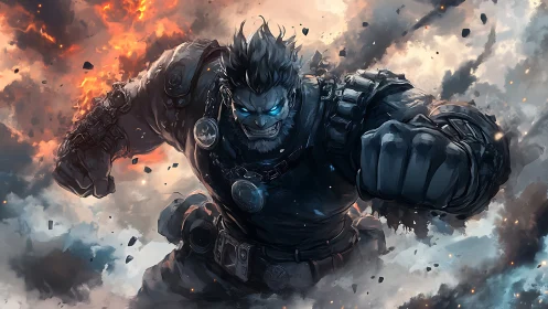 Armored berserker surges through flaming storm clouds.