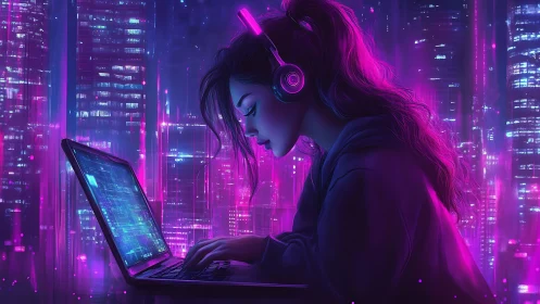 Neon-lit cyber girl coding in futuristic city glow.