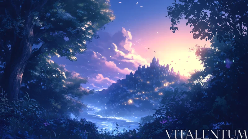 Twilight river gateway to a lantern lit hilltop kingdom.