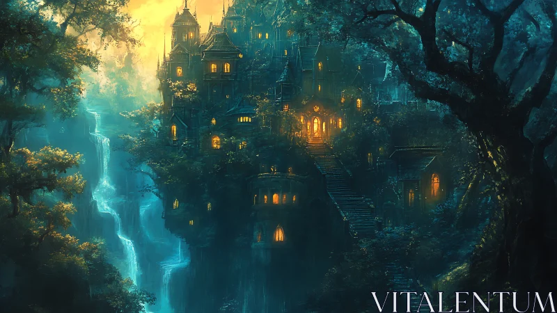 Waterfall citadel aglow in midnight forest hush and mist.