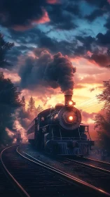 Sunset steam train rolling into a dreamy forest evening.