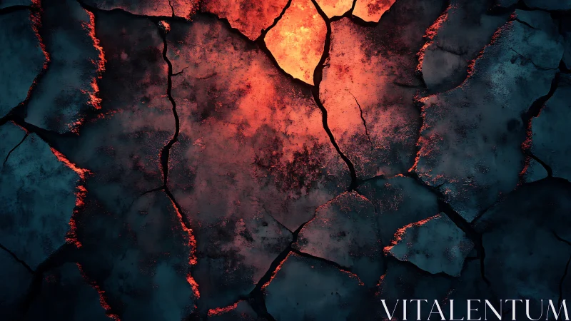 Lava flows through fractured earth, molten core exposed beneath cracked surface.