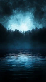 Moonlit mist over dark forest lake radiates eerie calm