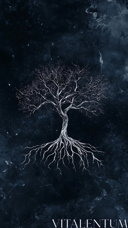 Luminous Winter Tree Suspended in Midnight Stone Silence.