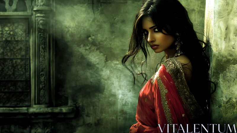 Mysterious Woman in Red Saree by Ancient Wall, Cinematic Style.