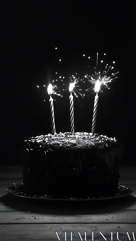 Birthday Cake with Three Lit Sparklers Against Black Background