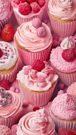 Pink raspberry fantasy cupcakes in tight macro spread.