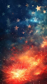 Starry night sky over bright red explosive fireworks display.