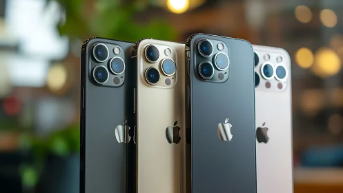 iPhone 14 Pro lineup with triple camera systems in four color variants.