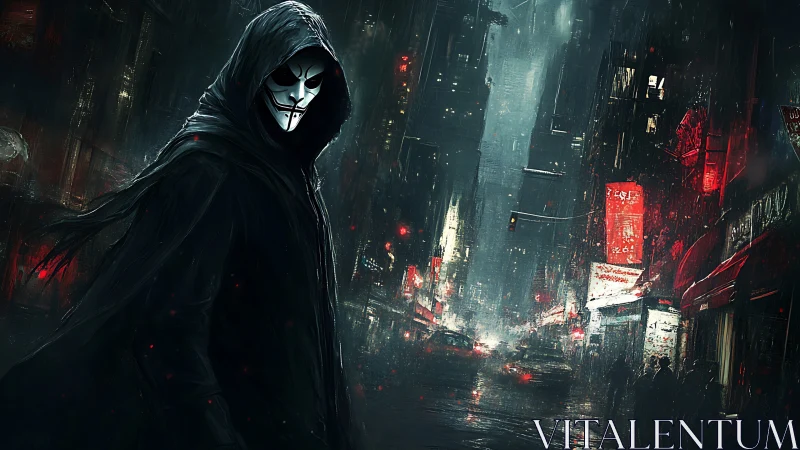 Masked figure in hooded cloak dominates rain-soaked cyberpunk alley