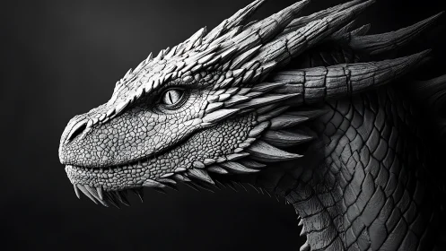 Dragon head rendered in high detail grayscale side profile