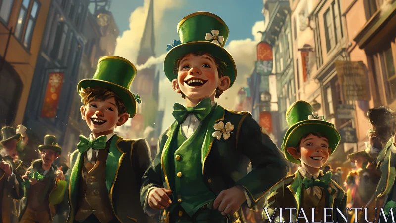 Three boys in green costumes walking in city parade.