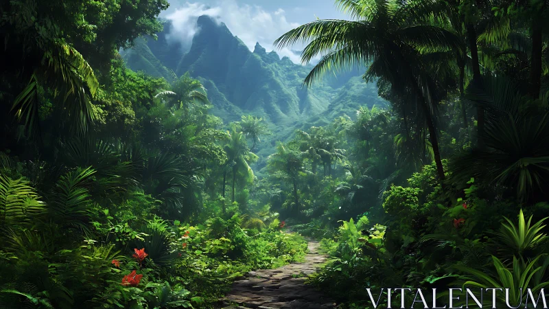 Jungle Valley Path Through Verdant Mountains.