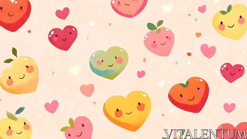 Cute smiling heart fruit pattern on pastel peach background.