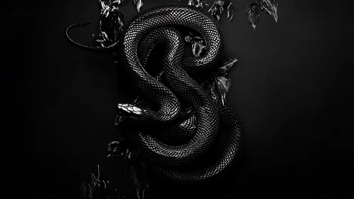 Coiled black snake rests on dark leaves in studio lighting