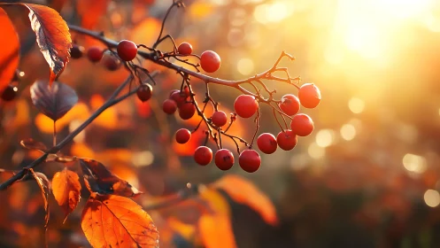 Sunlit red berries glow against warm autumn foliage.