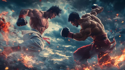 Two muscular fighters exchange blows mid-air against dramatic storm sky