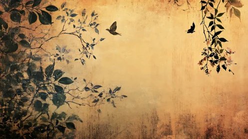 Botanical silhouette mural with birds on aged ochre ground.