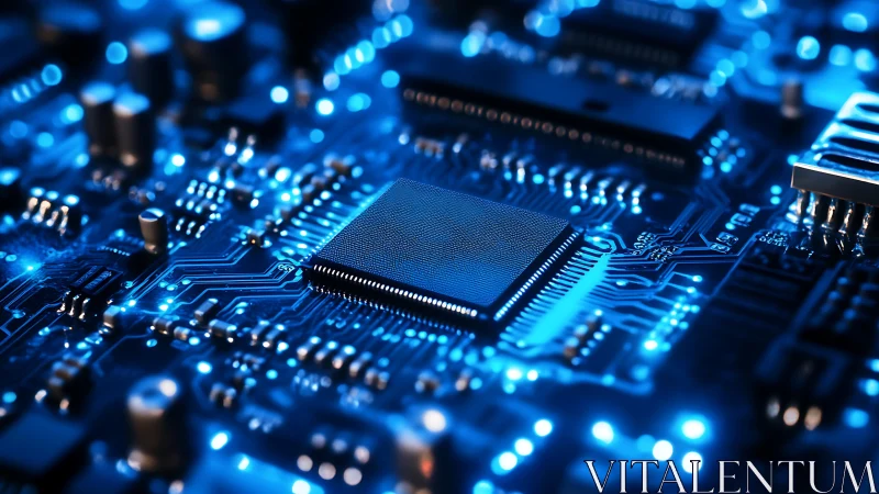 Central microprocessor on illuminated blue circuit board in focus