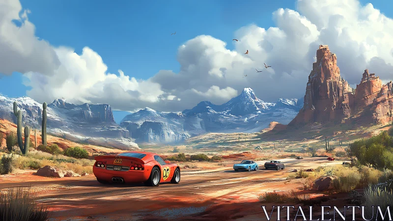 Sports cars race across desert highway under distant mountains