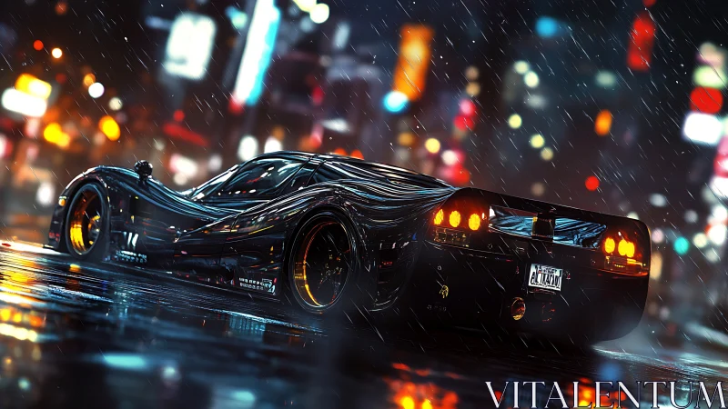 Midnight hypercar under neon rain in reflective cityscape.