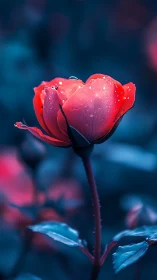 Red Tulip with Water Droplets Against Blurred Blue.
