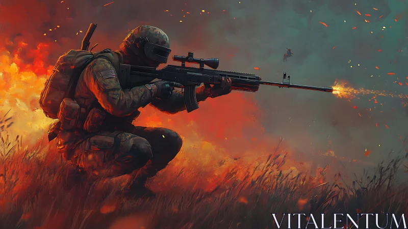 Soldier with rifle fires in kneeling position amid burning field