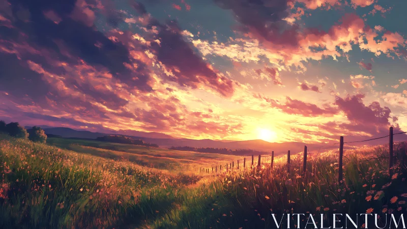 Sunlit wildflower field under blazing sunset sky.