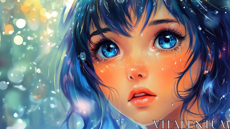 Chromatic close-up of blue-haired girl with refracted droplets.
