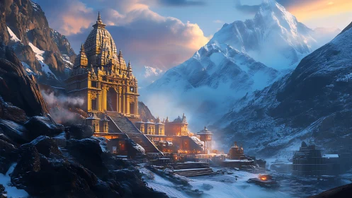 Sunlit Himalayan temple complex amid glacial valley atmosphere.