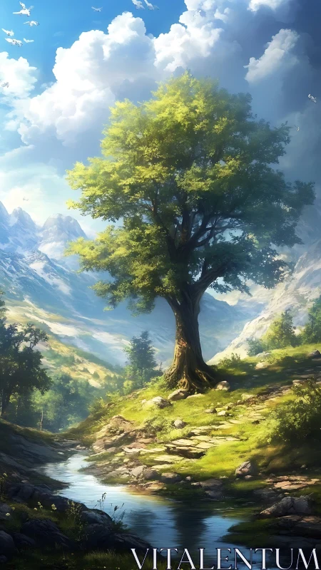 Sunlit mountain tree watching over a quiet winding stream.