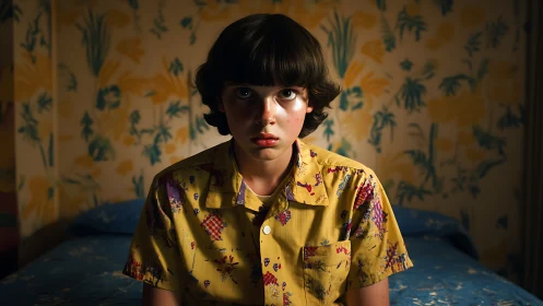 Nervous night thinker in yellow shirt, wallpaper closing in.