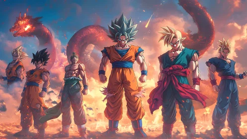 Heroic anime warriors stand aligned before celestial dragon