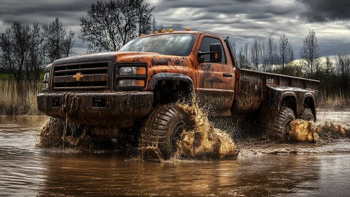 Heavy-duty off-road truck powers through stormy muddy water