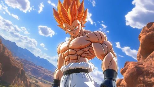 Muscular anime warrior stands defiant in sunlit canyon landscape.