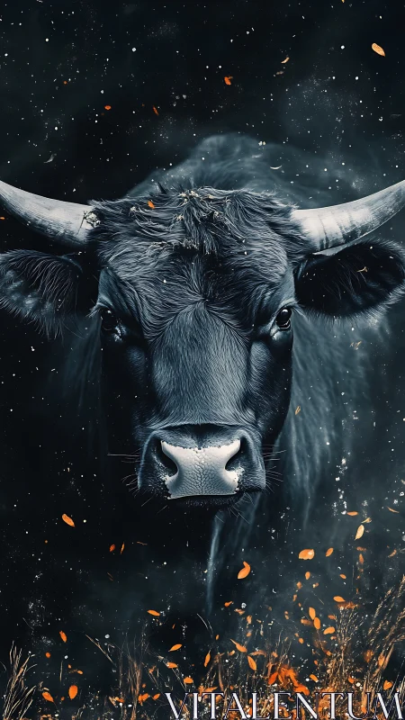 Gentle black bull amid swirling embers and autumn sparks.