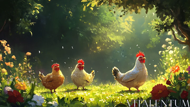 Three roosters stand in sunlit garden with blooming flowers