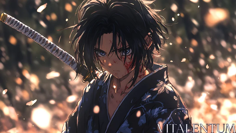 Bloodstreaked samurai stands in glowing forest aftermath