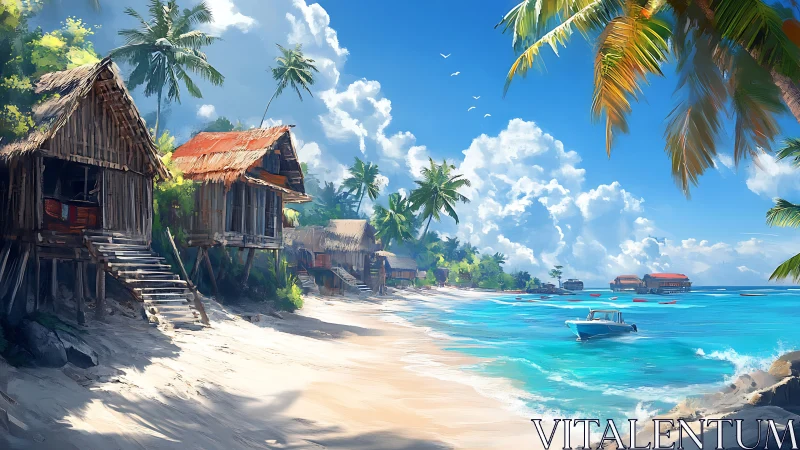 Tropical Coastal Village with Thatched Dwellings and Turquoise Waters.