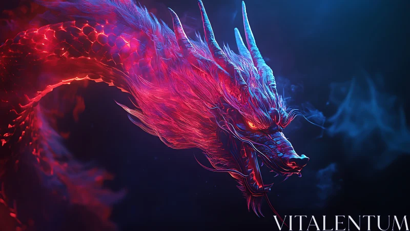 Luminous neon dragon gliding through midnight misty skies.