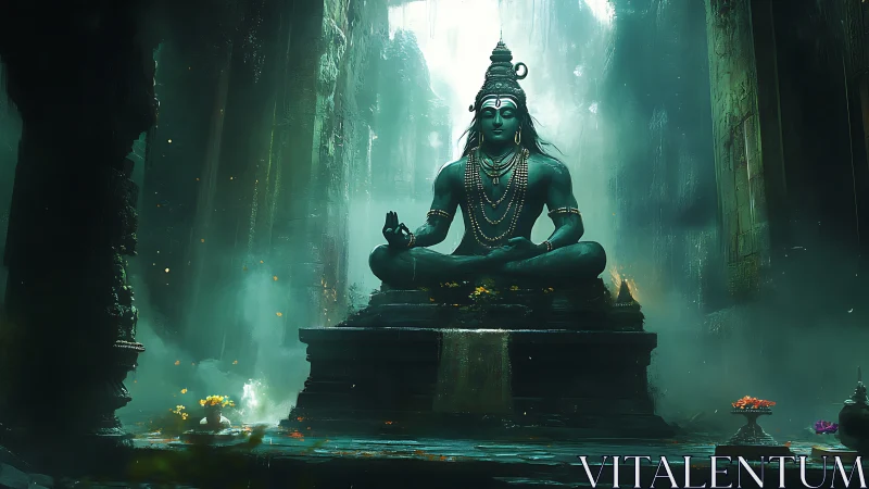 Monolithic Shiva statue in volumetric-lit mossed stone temple nave
