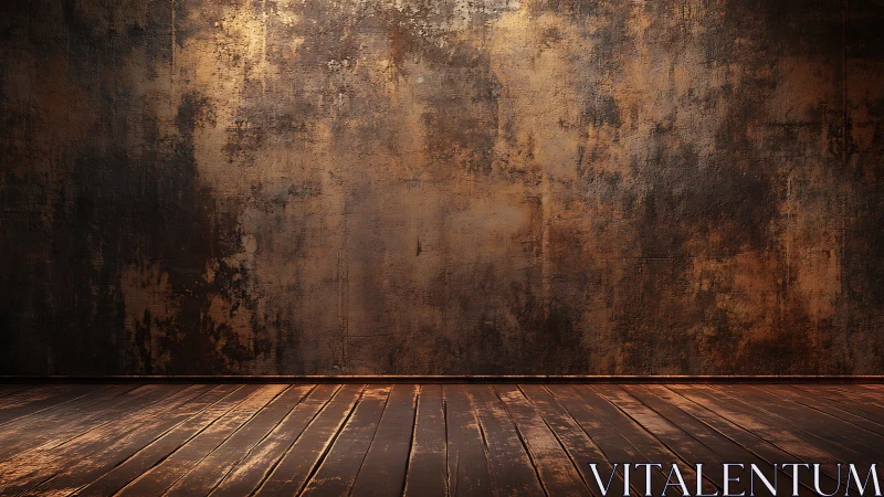 Textured rusted plaster wall with distressed wooden floorboards