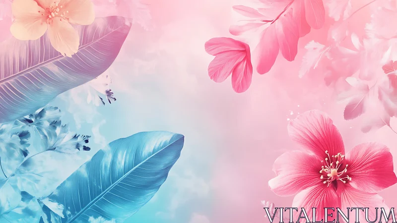 Dual-Toned Floral Composition with Pink and Blue Botanical Elements.