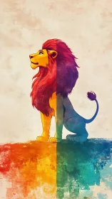 Dual-hued lion sentinel straddling firelight and ocean dusk.