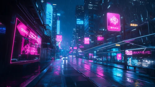 Neon cyberpunk city street glows under heavy night rain