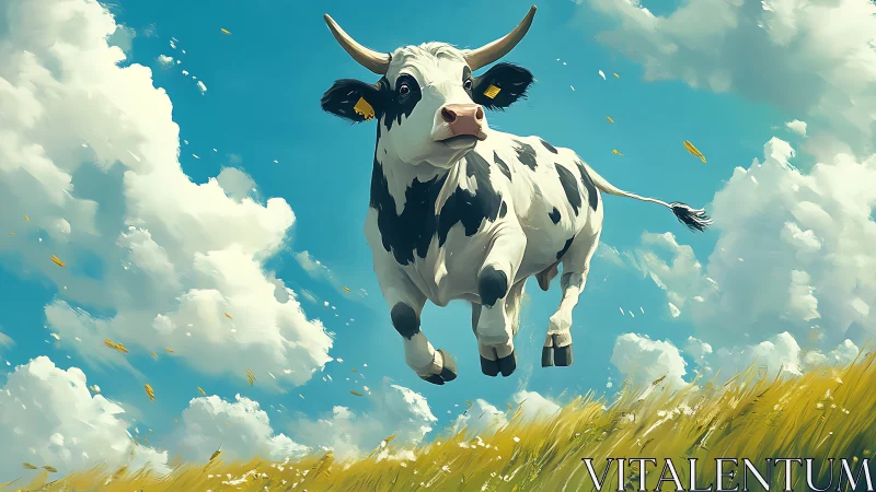 Joyful flying cow bounding across a bright summer sky.