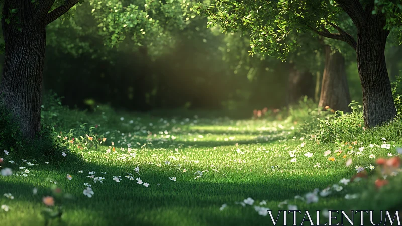 Sun-Dappled Forest Path Through Towering Oaks.