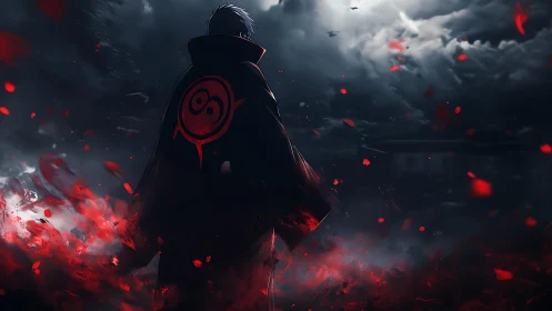 Backlit cloaked figure in stormy nightscape with red embers