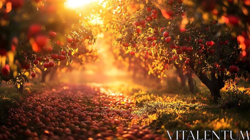 Sunlit apple river winding through a glowing autumn orchard.