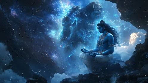 Blue meditative figure in rocky cloudscape with cosmic form.